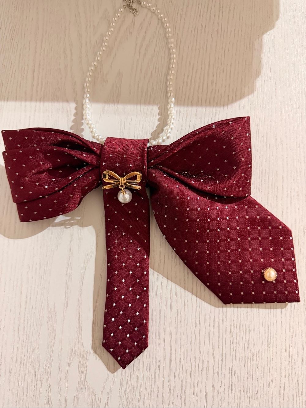 Pearl Chain Burgundy Bow Necklace with Gold Bow Accent Handmade